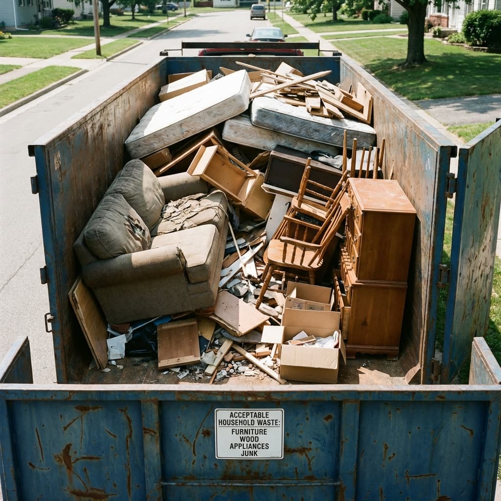 Dumpster filled with household debris